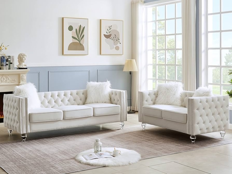 Loveseat featuring Clear Acrylic Legs and Nailhead Trim Glam Velvet Seating