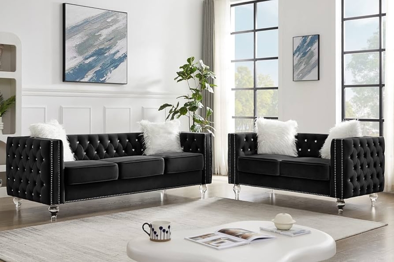Loveseat featuring Silver Nailhead Detailing Black Velvet Tufted Sofa