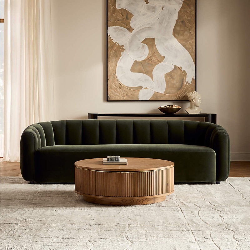 Loveseat Forest Green Velvet Armless Design Vertical Channeling Modern