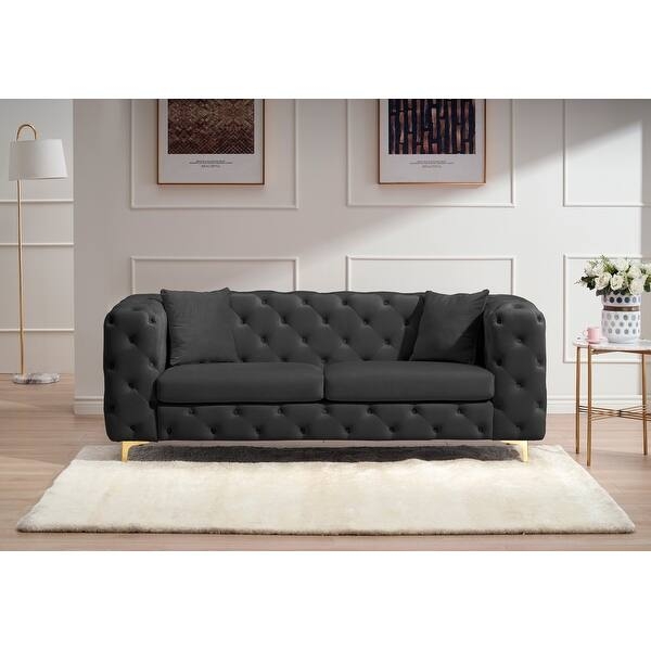 Loveseat Forest Green Velvet Button Tufted with Gold Tapered Legs