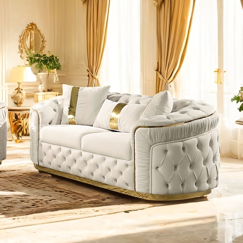 Loveseat Glam Beige Button Tufted Rolled Arms Gold Bracket Legs