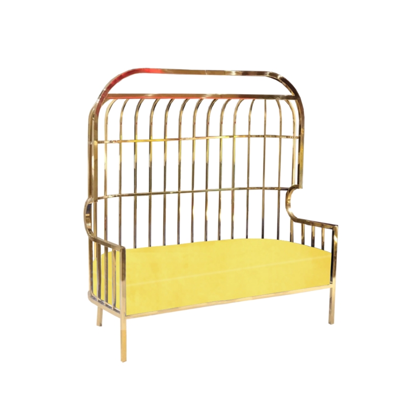 Loveseat Gold Cage Throne High Back with Vibrant Yellow Cushion