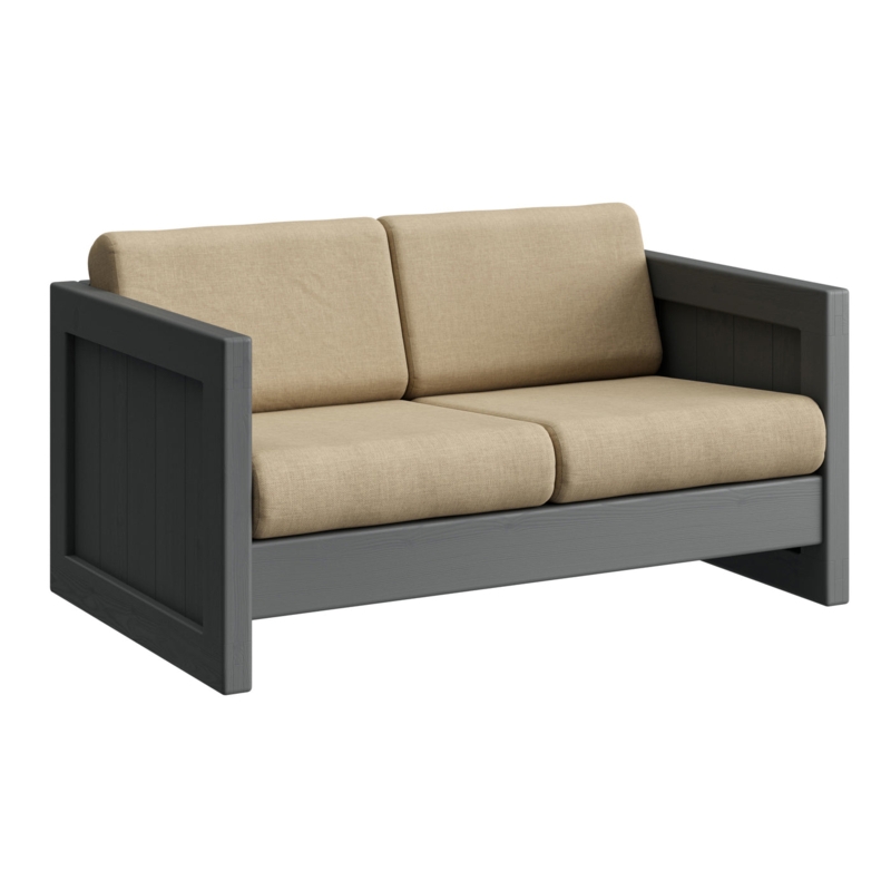 Loveseat Graphite Finish Slatted Sides Exposed Wood Frame Craftsman Sofa