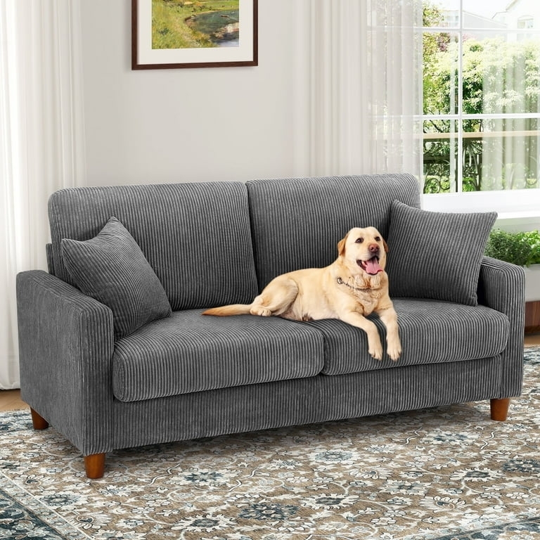 Loveseat Gray Corduroy Square Arms Block Legs Minimalist Seating
