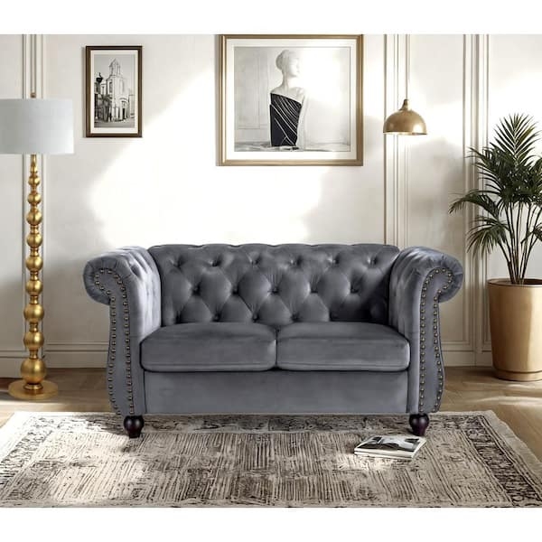 Loveseat Gray Velvet-Like Fabric Rolled Arm Small Space Sofa