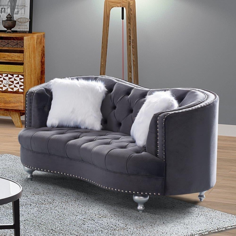 Loveseat Grey Velvet Channel Tufted with Gold Metal Tips