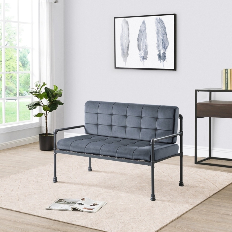 Loveseat Grey Velvet Vertical Channel Tufting Gold Perimeter Base