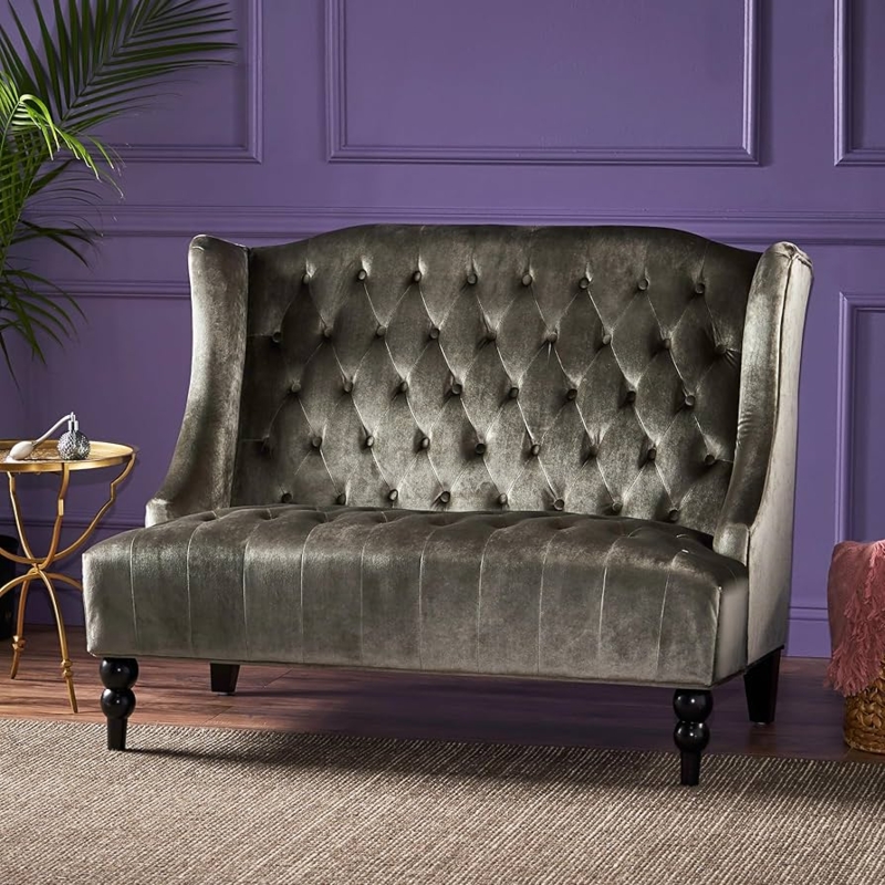 Loveseat, Grey Velvet Wingback with Deep Diamond Tufting