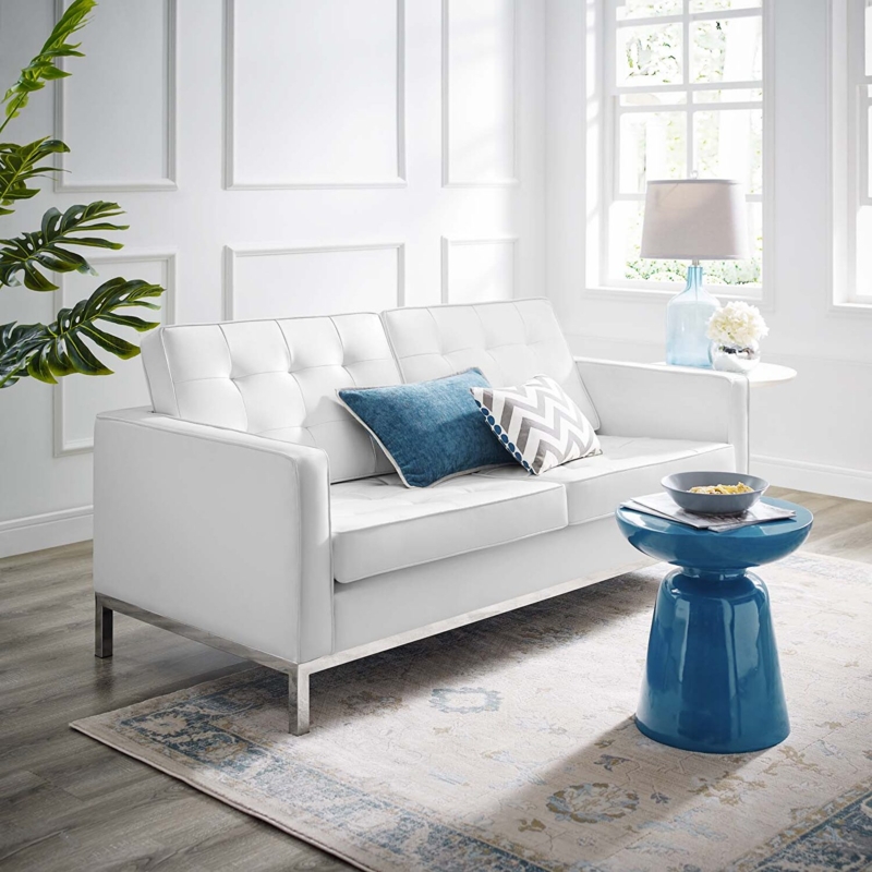 Loveseat Grid Tufting, Minimalist Sofa with Metal Base in White Fabric