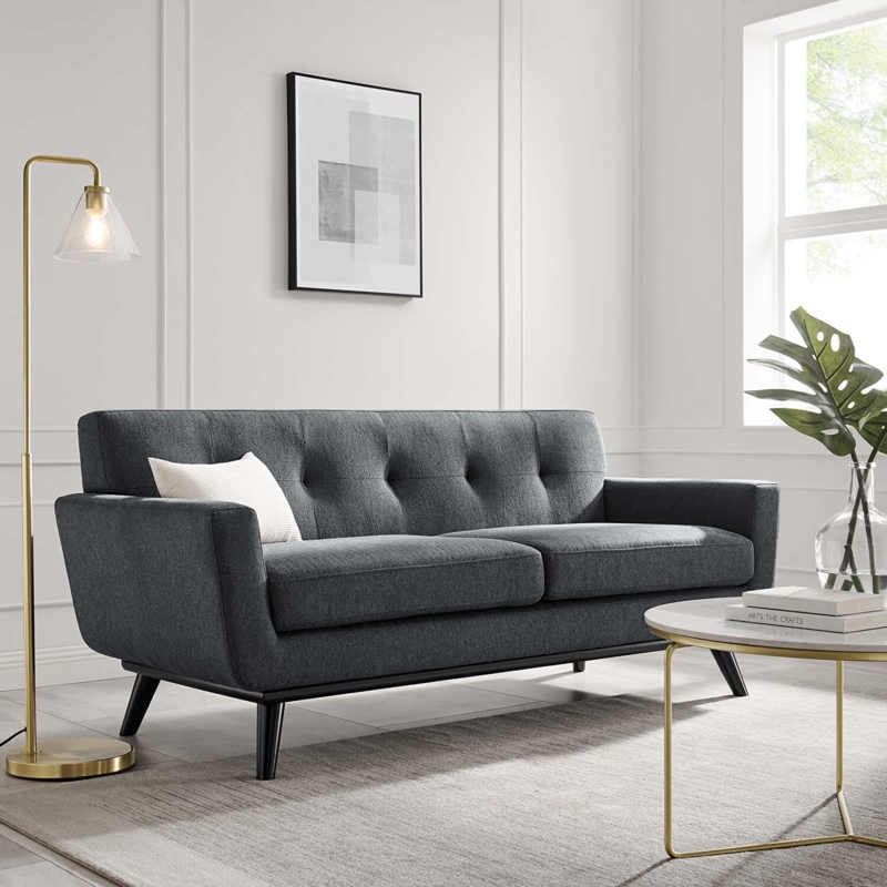Loveseat Herringbone Pattern Button Tufted Tapered Wood Legs