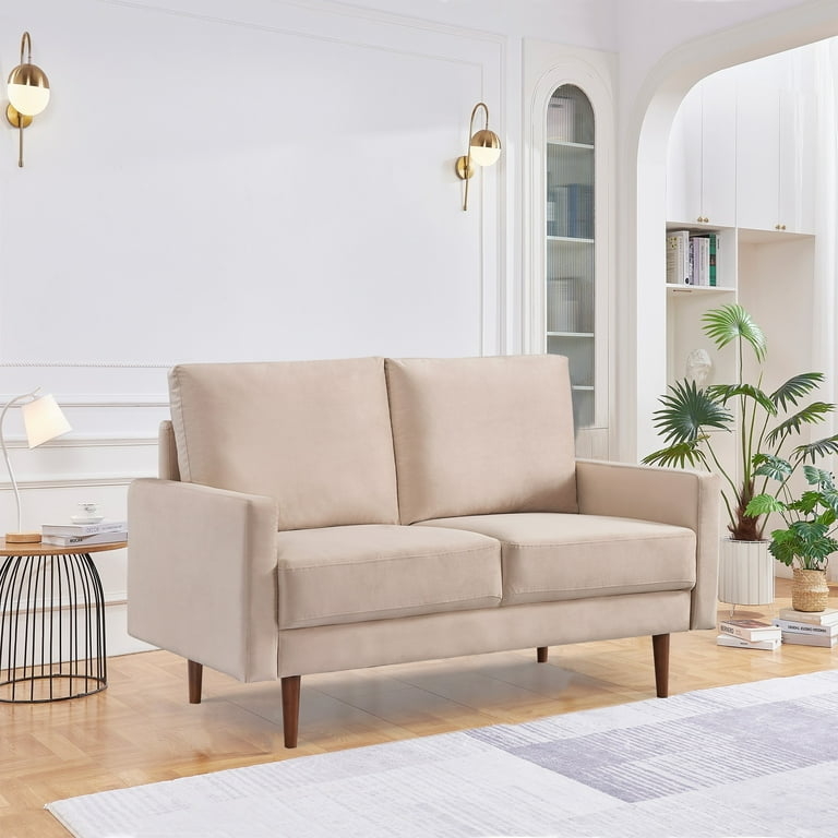 Loveseat in Beige Velvet with Wood Legs for Small Spaces