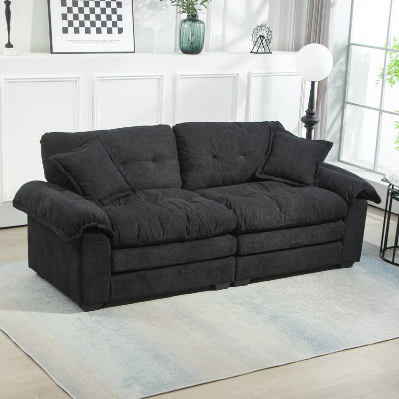 Loveseat in Black Chenille Fabric with Plush Pillow Top Arms