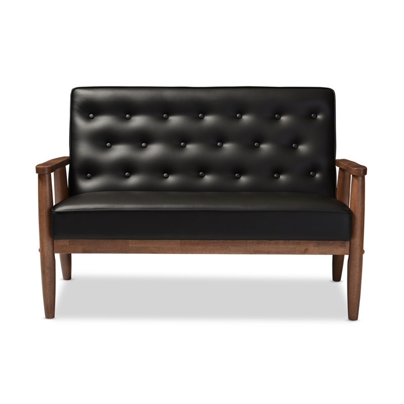 Loveseat in Black Leather-Like Fabric with Open Wood Armrests