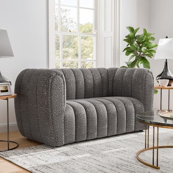 Loveseat in Charcoal Gray Boucle Fabric with Vertical Channel Tufting