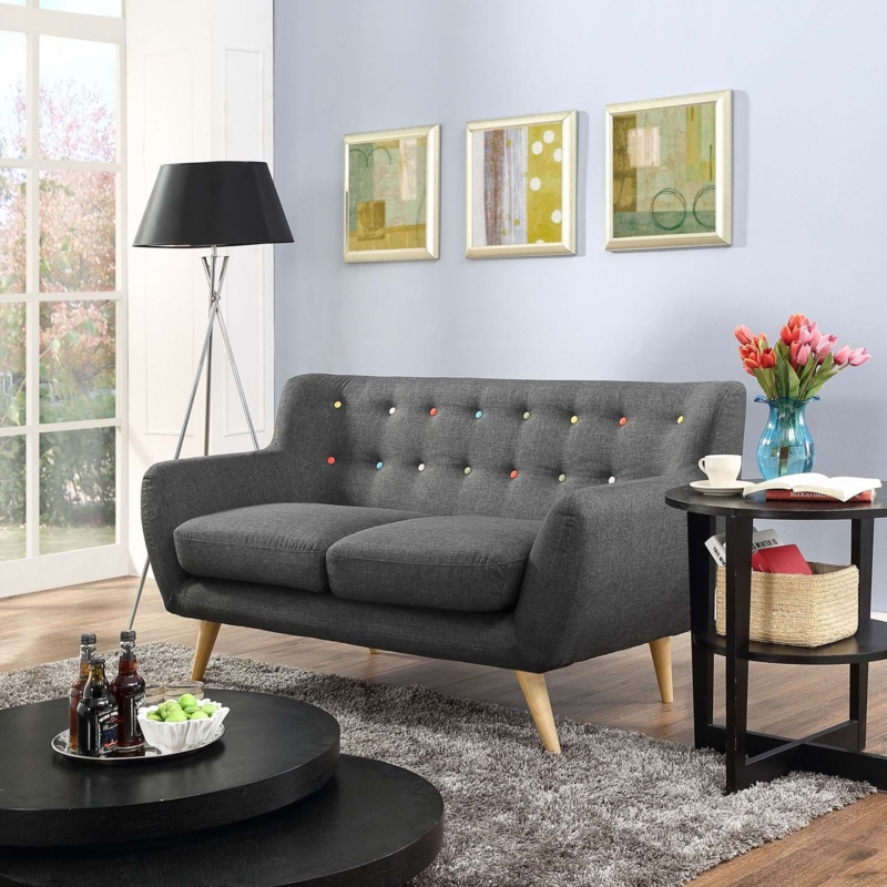 Loveseat in Charcoal Gray with Button Tufting and Flared Arms