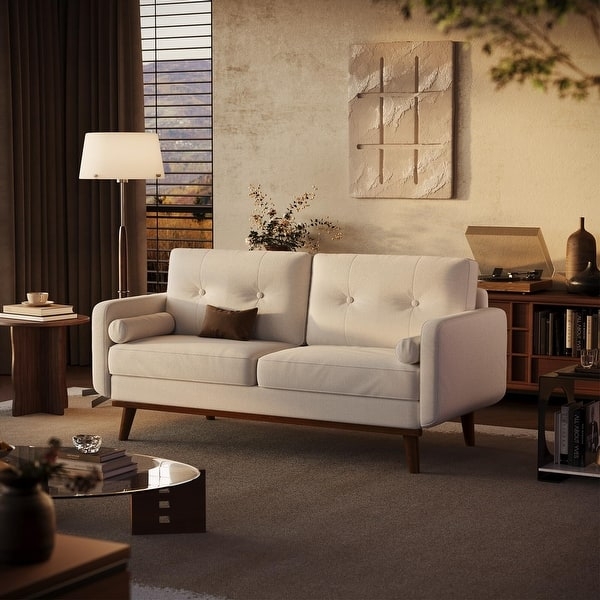 Loveseat in Charcoal Grey Woven Fabric with Splayed Wood Legs