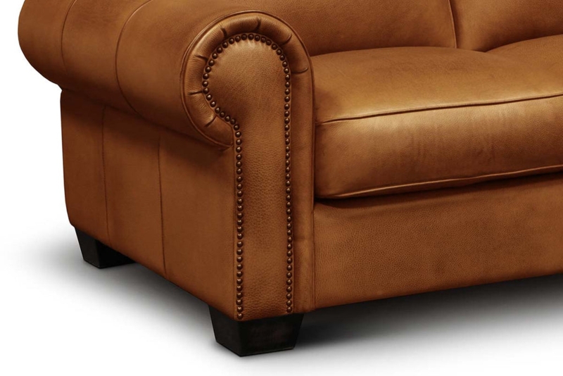 Loveseat in Chestnut Leather-Like Fabric, Nailhead Trim, Turned Legs