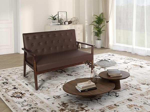 Loveseat in Cognac Brown Leather-Like Fabric with Tapered Legs