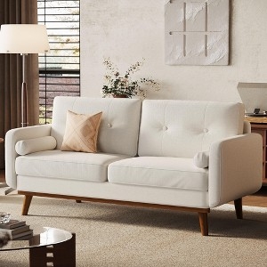 Loveseat in Cream Boucle Fabric with Button Tufting and Tapered Legs