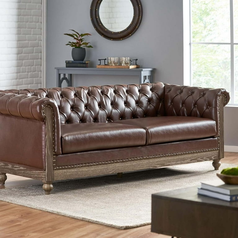 Loveseat in Dark Brown Leather-Like Fabric with Rivet Detailing