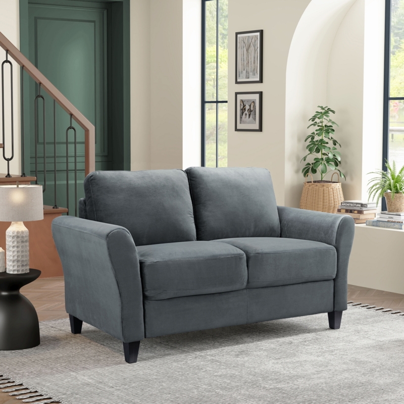 Loveseat in Dark Grey with Tight Back, Rolled Arms, and Piped Edges
