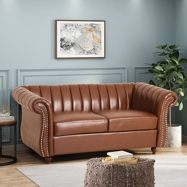 Loveseat in Distressed Brown Leather-Like Fabric with Brass Nailhead Trim