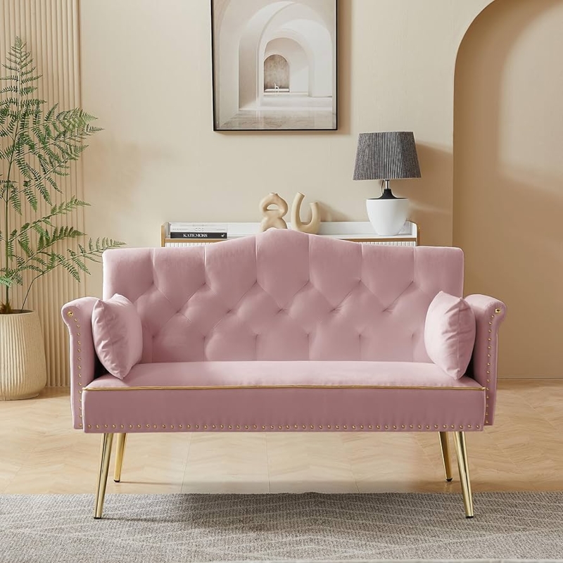 Loveseat in Dusty Pink Velvet with Side Pockets & Gold Tapered Legs