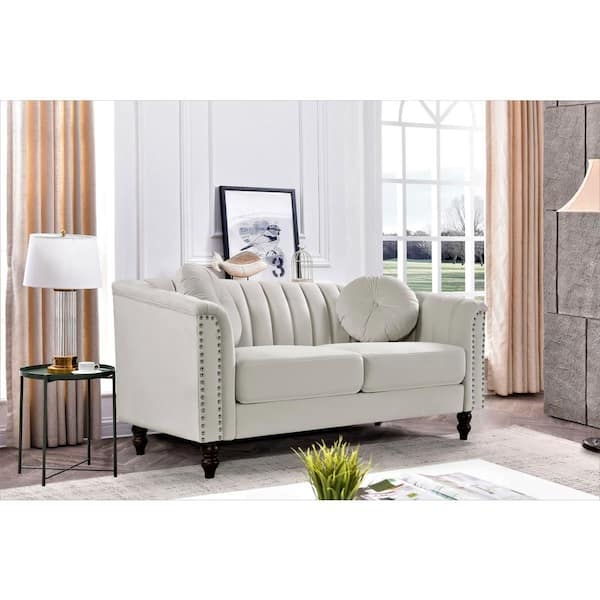 Loveseat in Ivory Velvet with Gold Tapered Legs & Mid-Century Glam