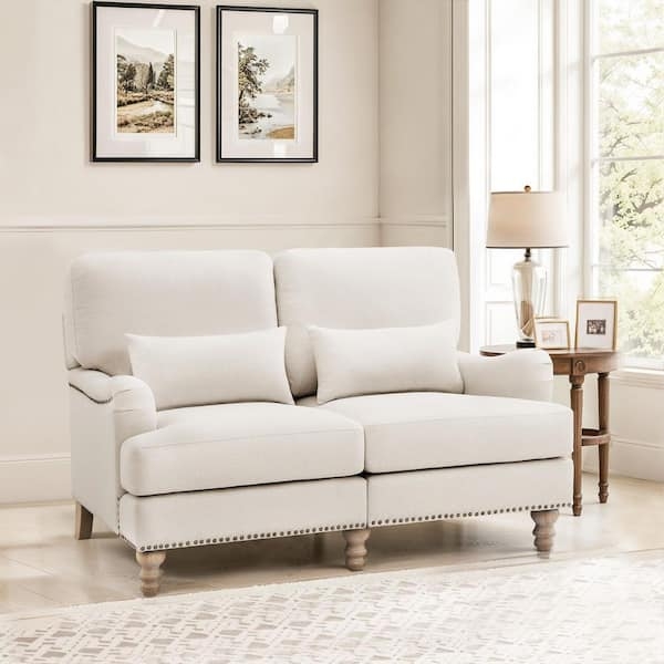Loveseat in Ivory Woven Fabric with Mid-Century Splayed Wood Legs