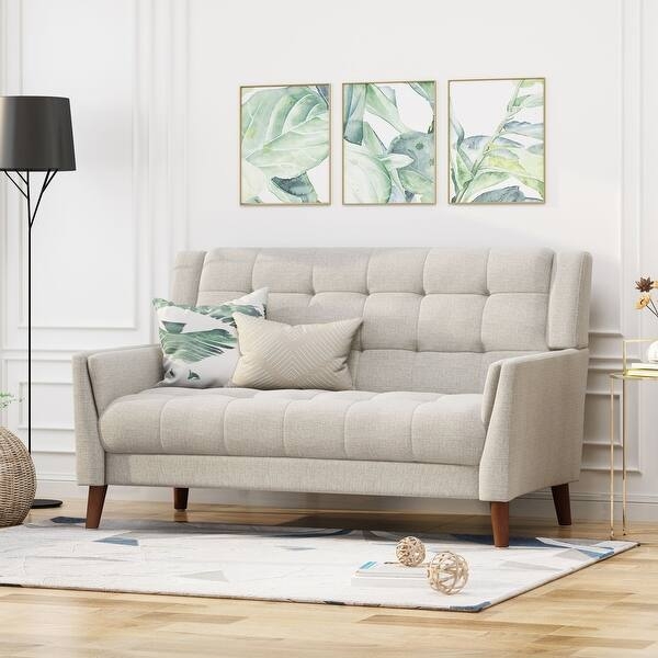 Loveseat in Light Blue with Button Tufted Back and Bolster Pillows
