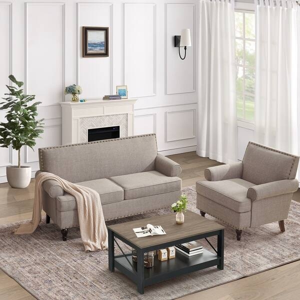 Loveseat in Light Gray with Button Tufting and Square Arms