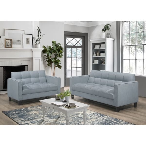 Loveseat in Navy Blue Fabric with Square Arms Small Upholstered Sofa