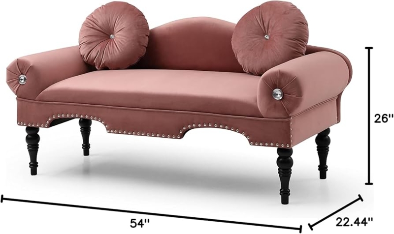 Loveseat in Rose Pink Velvet-Like Fabric, Nailhead Trim, Round Pillows