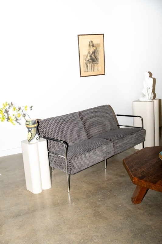 Loveseat in Sapphire Blue Velvet with Continuous Tubular Chrome.