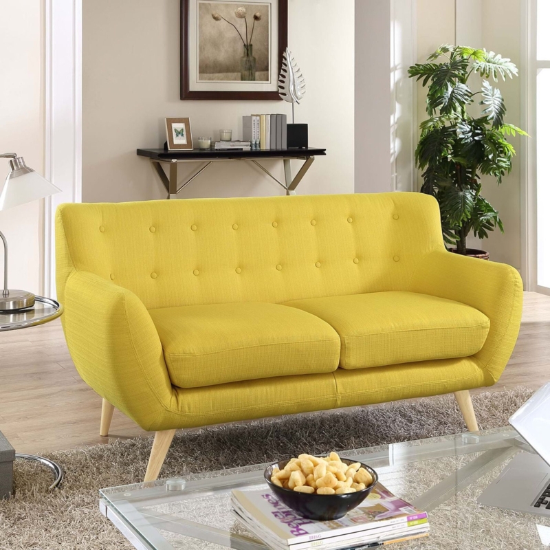 Loveseat in Sunny Yellow with Button Tufted Back and Tapered Legs