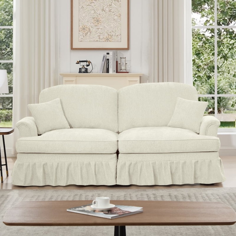 Loveseat in Teal Chenille with Ruffled Skirt and Flared Arms