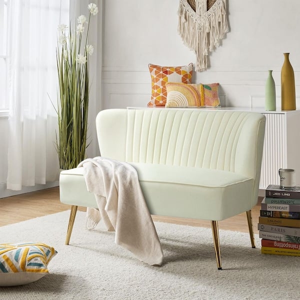 Loveseat Ivory Velvet Barrel Back Channel Tufted Gold Wrap Base