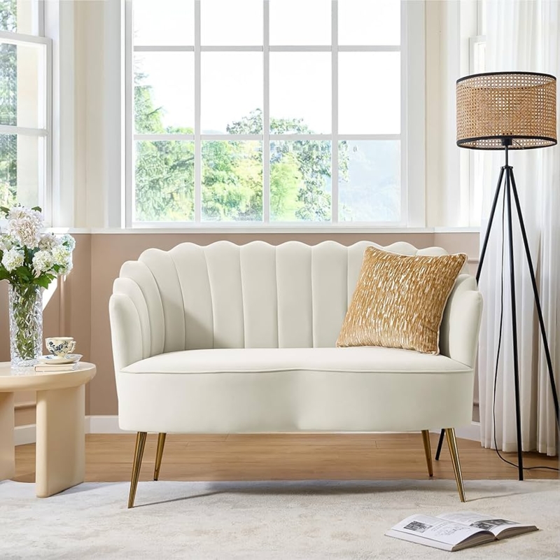 Loveseat Ivory Velvet Flower Shaped Back Gold Legs Scalloped Design