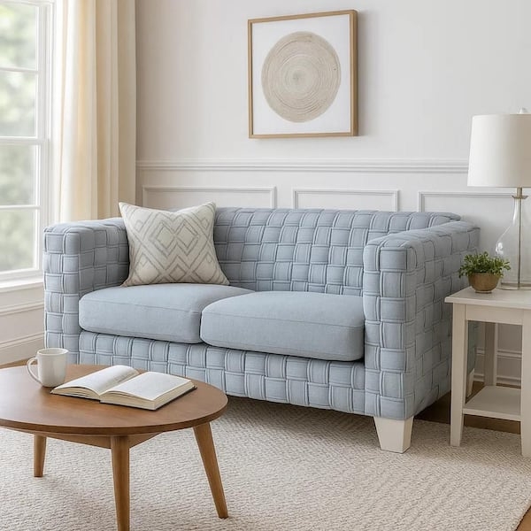 Loveseat Knitted Chenille Light Blue White Tapered Legs Small Sofa