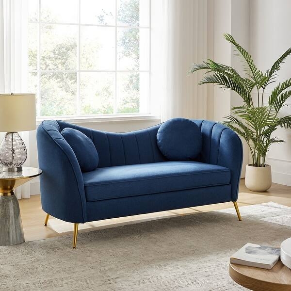 Loveseat Light Blue Linen Like Button Tufted Flared Arms Tapered Legs