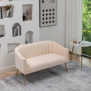 Loveseat Light Gray Curved Back Vertical Tufted Gold Metal Legs