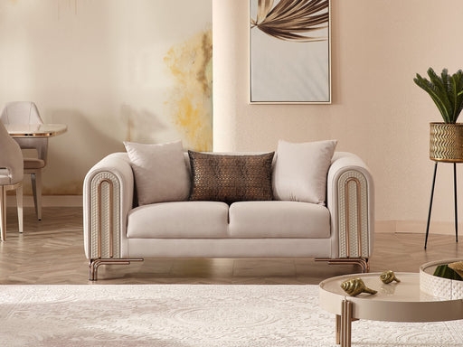 Loveseat Light Gray Fabric Channel Tufted with Gold Tapered Legs
