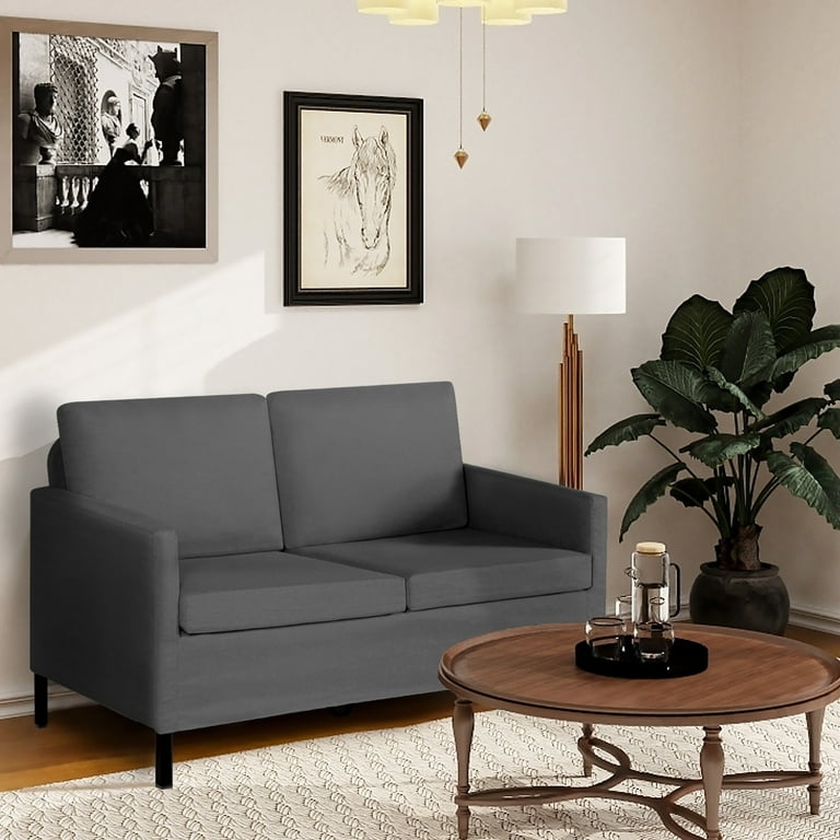 Loveseat Light Gray Fabric Flared Arms Iron Legs Compact Size
