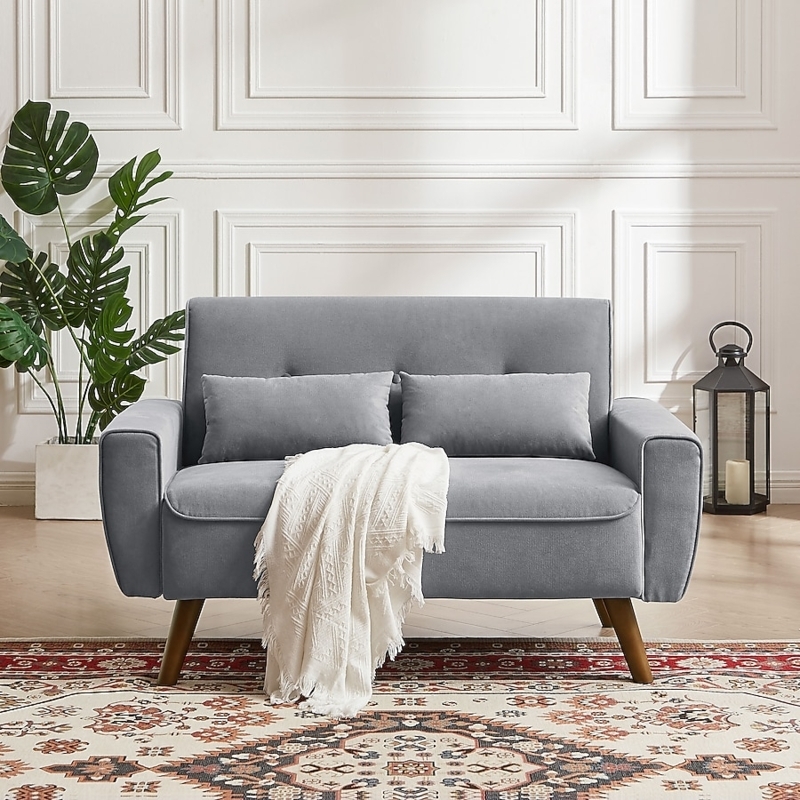 Loveseat Light Grey Button Tufting with Natural Wood Tapered Legs