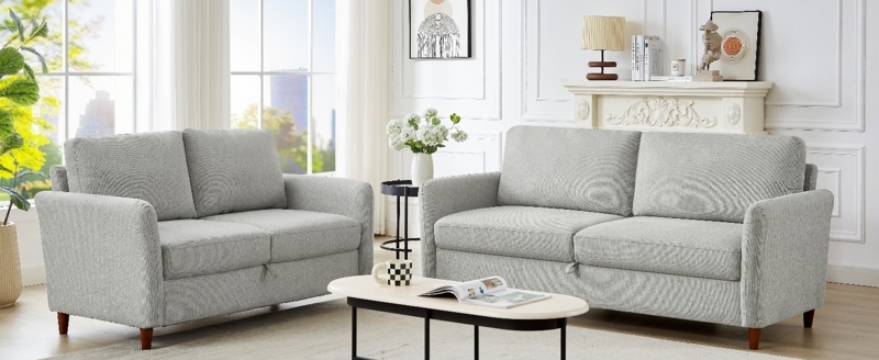 Loveseat Light Grey Linen-Like Under Seat Storage Track Arms