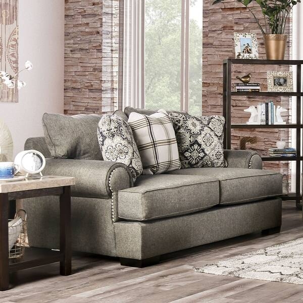 Loveseat Light Grey Upholstery, Roll Arms, Nailhead Trim.