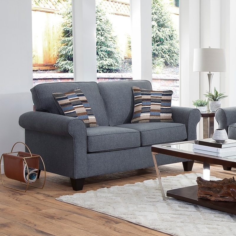 Loveseat Marine Blue Upholstery with Rolled Arms and Tapered Wood Legs