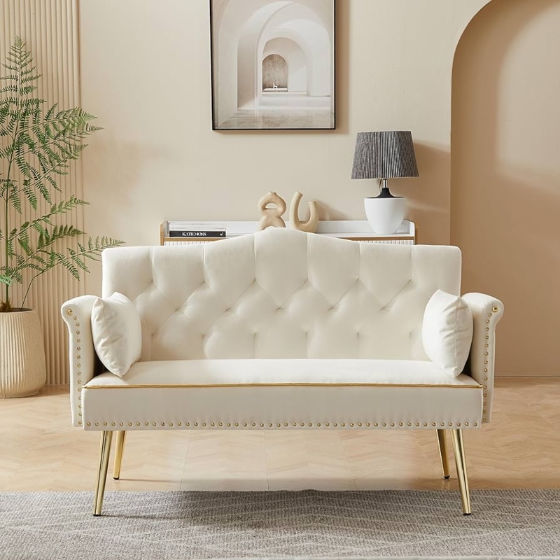 Loveseat Modern Beige Velvet Channel Tufted with Side Pockets
