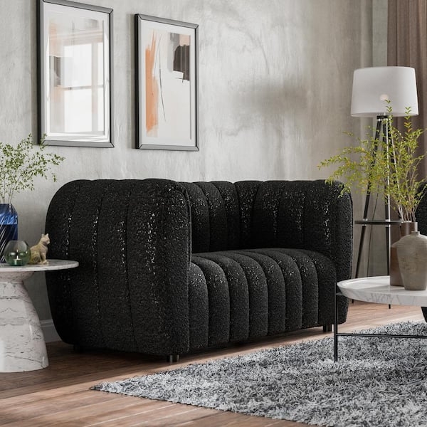 Loveseat Modern Black Boucle Fabric with Gold-Toned Metal Legs
