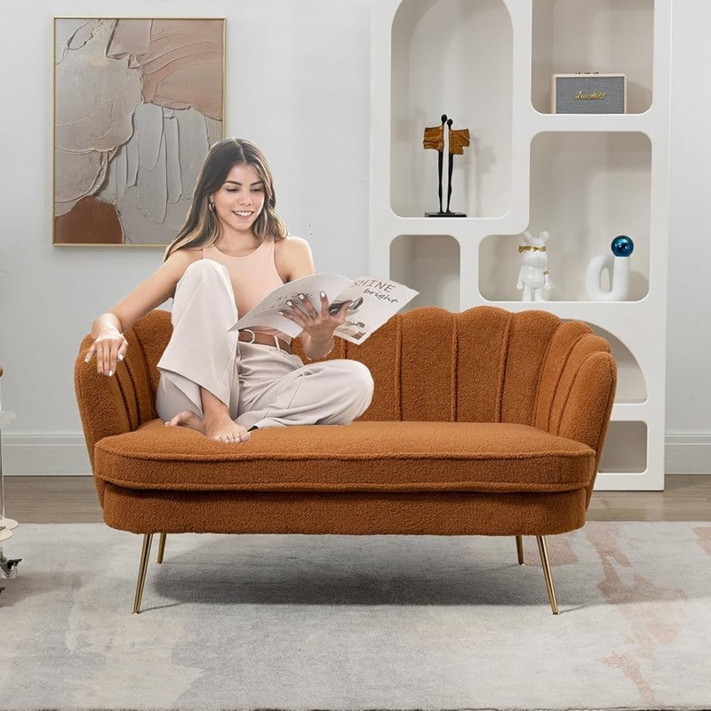 Loveseat Modern Brown Boucle Shell Back with Gold Metal Legs